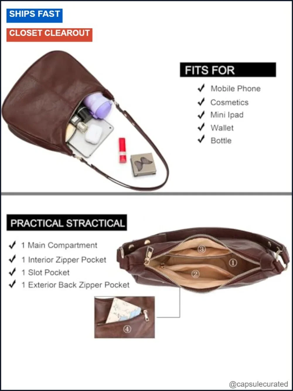 Foldable Vegan Leather Hobo Bag Shoulder Crossbody Purse